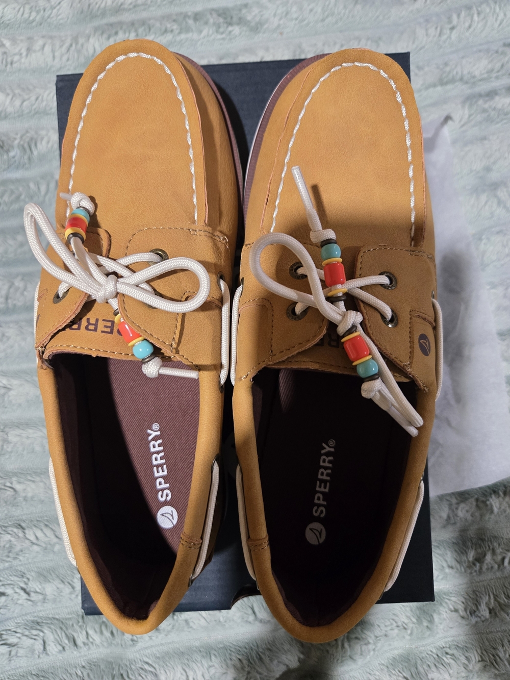 Sperry Girl's Mustard Tan Boat Shoes with Bead Accents